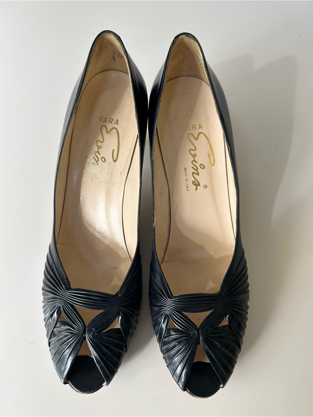 Vintage Peep-Toe Navy Blue Kitten Heel; Crafted Leather Ruching; Made In Italy
